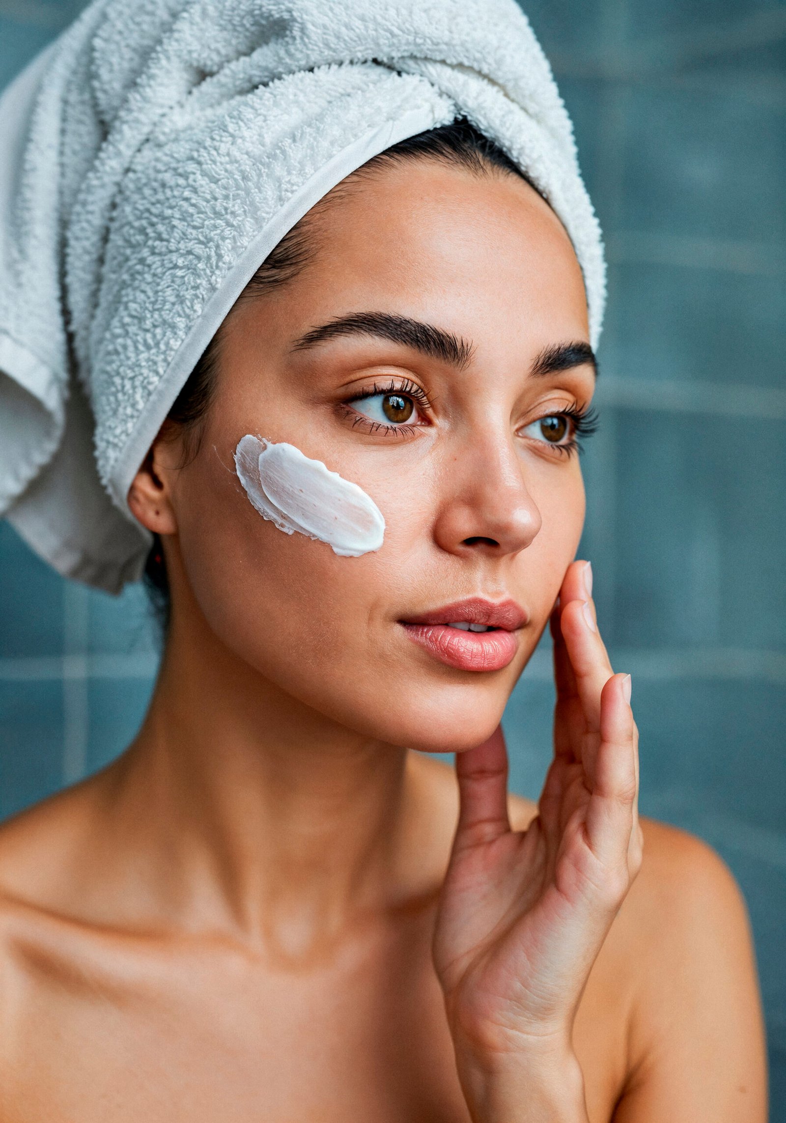 Woman applying skincare face mask in mirror